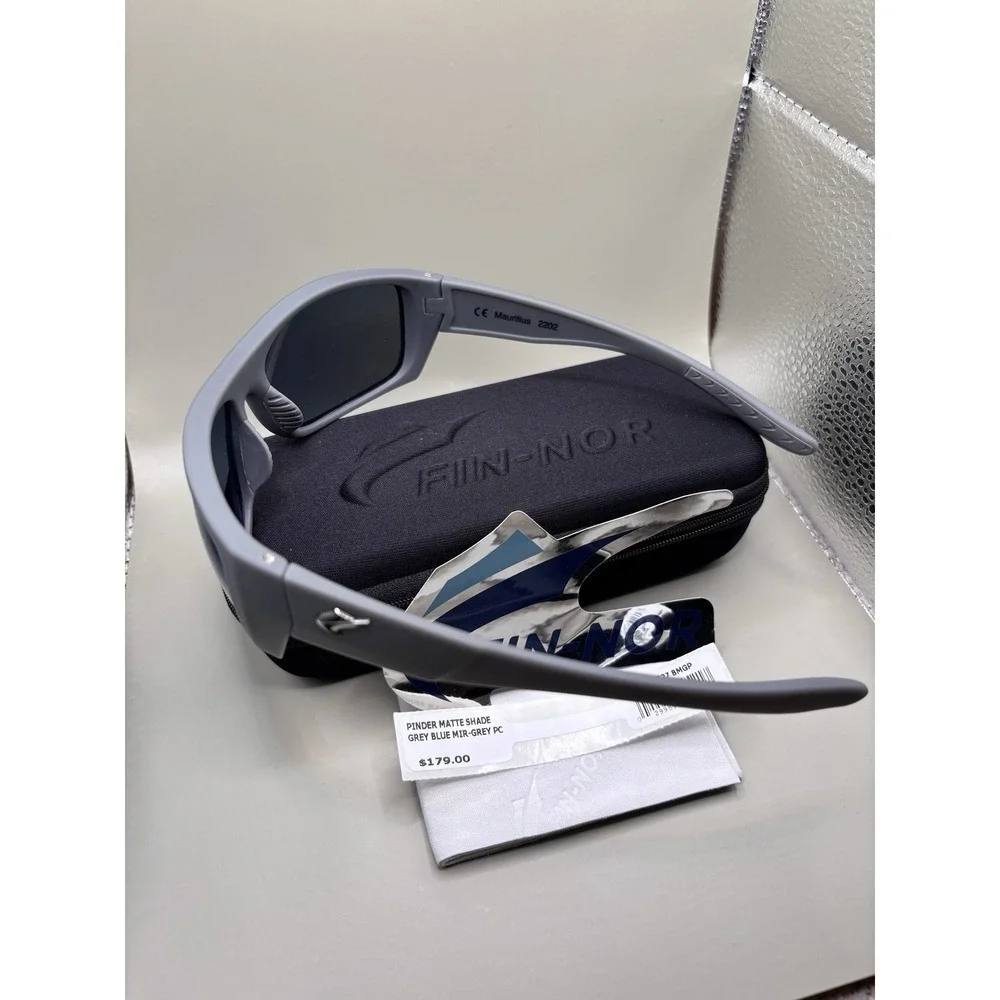 Authentic Fin-Nor Pinder Sunglasses Matte Grey Blue Mirror Polarized PC Lens NIB